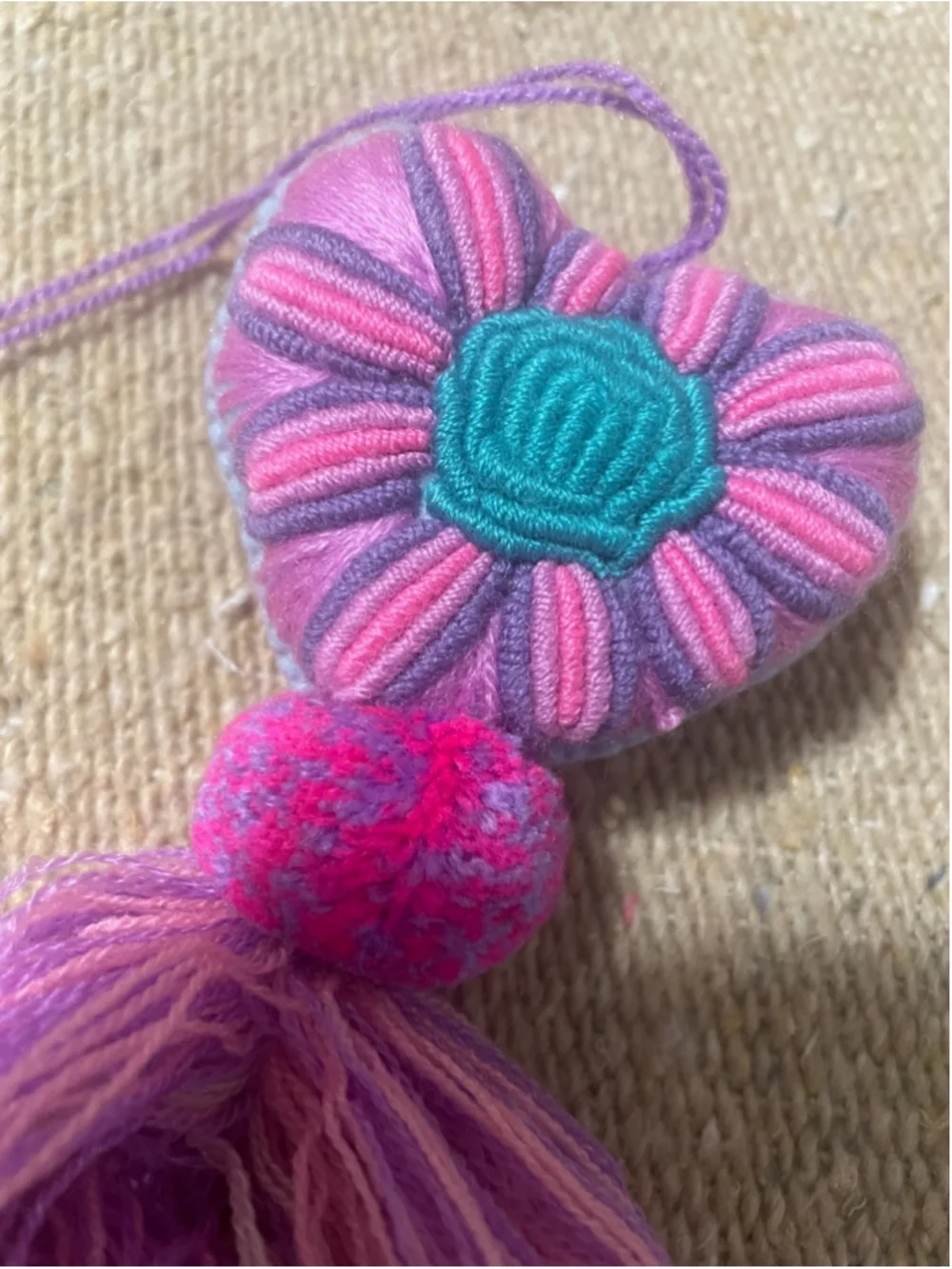 Mexican Handmade Embroidered Heart Tassel Ornament Pink Purple